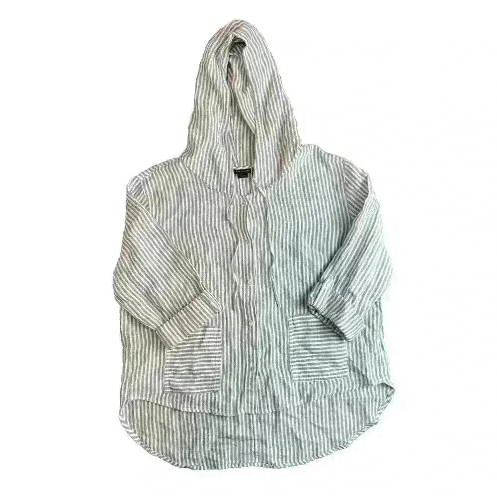 Tahari Linen Striped Hooded Button Front Top Large Roll Tab Sleeves Blue White